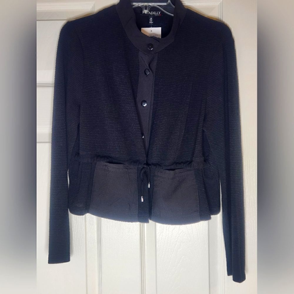 NWT Piccadilly M Black LINENBlend Knit Pockets Lngslv ButtonsUp Women Cardigan